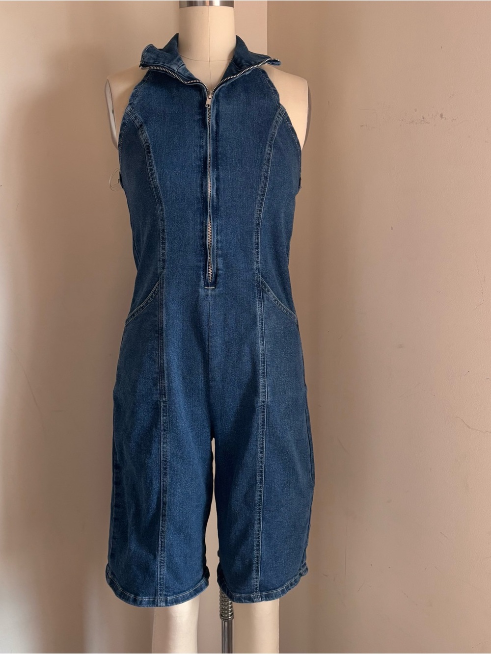 Sleeveless Blue Denim Zip-Front Romper Jumpsuit